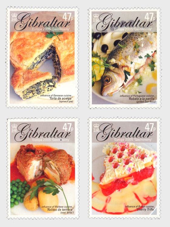 Spinach Pie , Sea Bass , Rolitos and Sherry Trifle on Stamps of